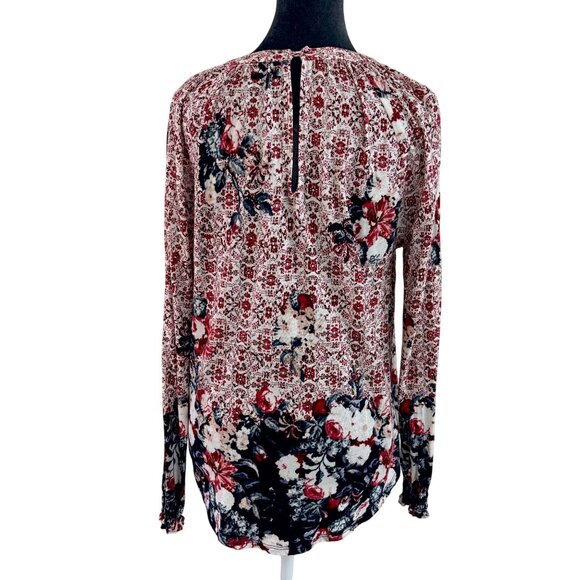 Lucky Brand Long Sleeve Knit Top with Cut Outs - Maroon Floral - Size M - Picture 2 of 12